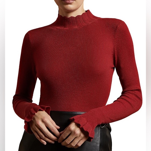 Ted Baker Albaai Scalloped Mock Neck Sweater In Dark Orange / Rust Brown Red - Picture 1 of 10